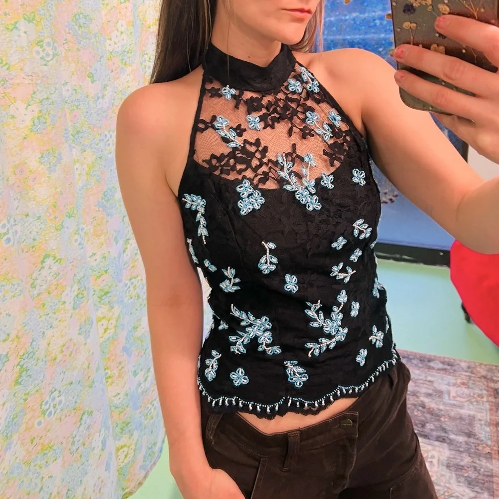 Vintage Cache Beaded Lace Halter Top 6 - Picture 1 of 13